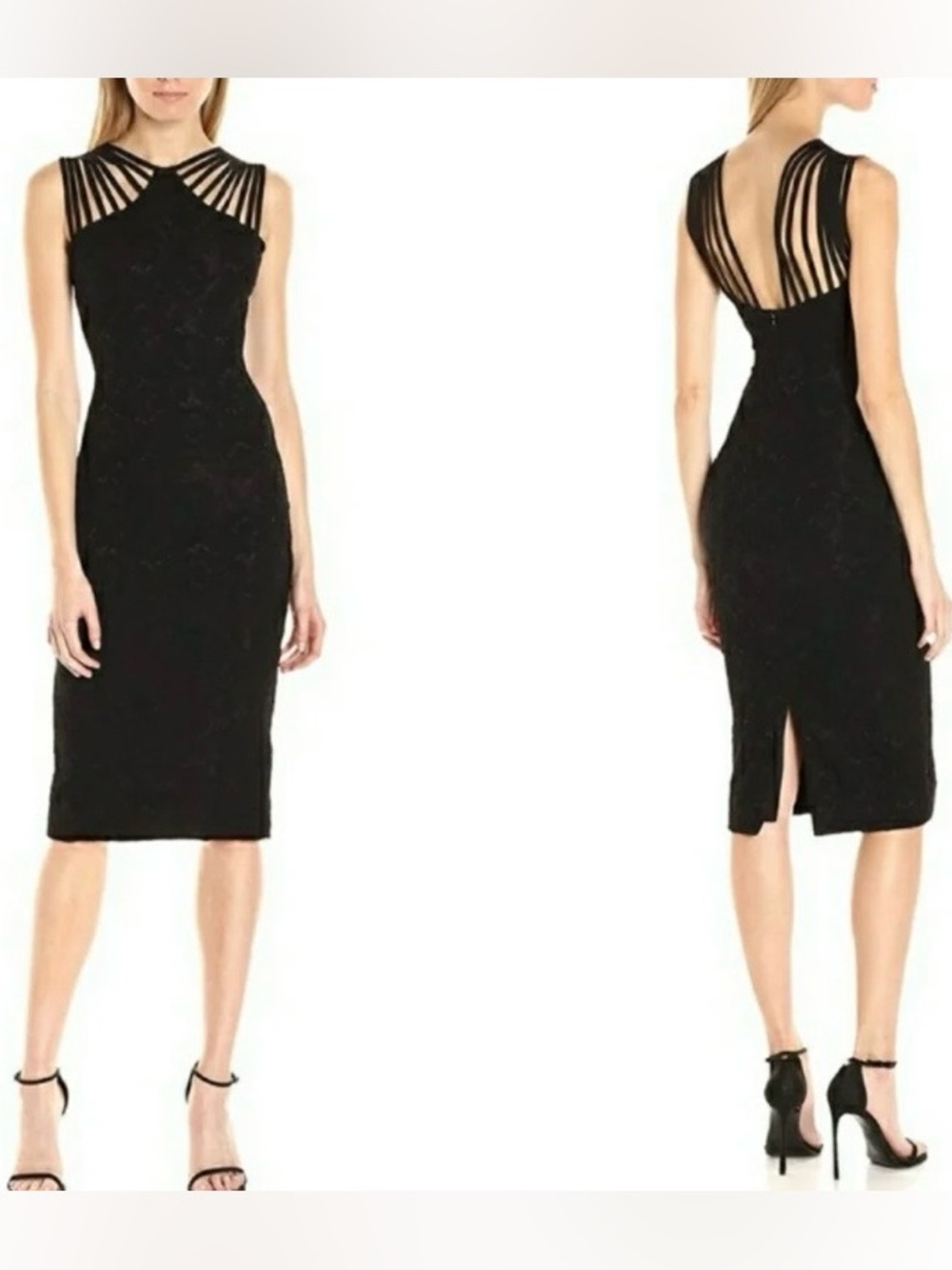 Dress the Population Gwen Strappy Midi Dress black lace, lined, XS, bodycon